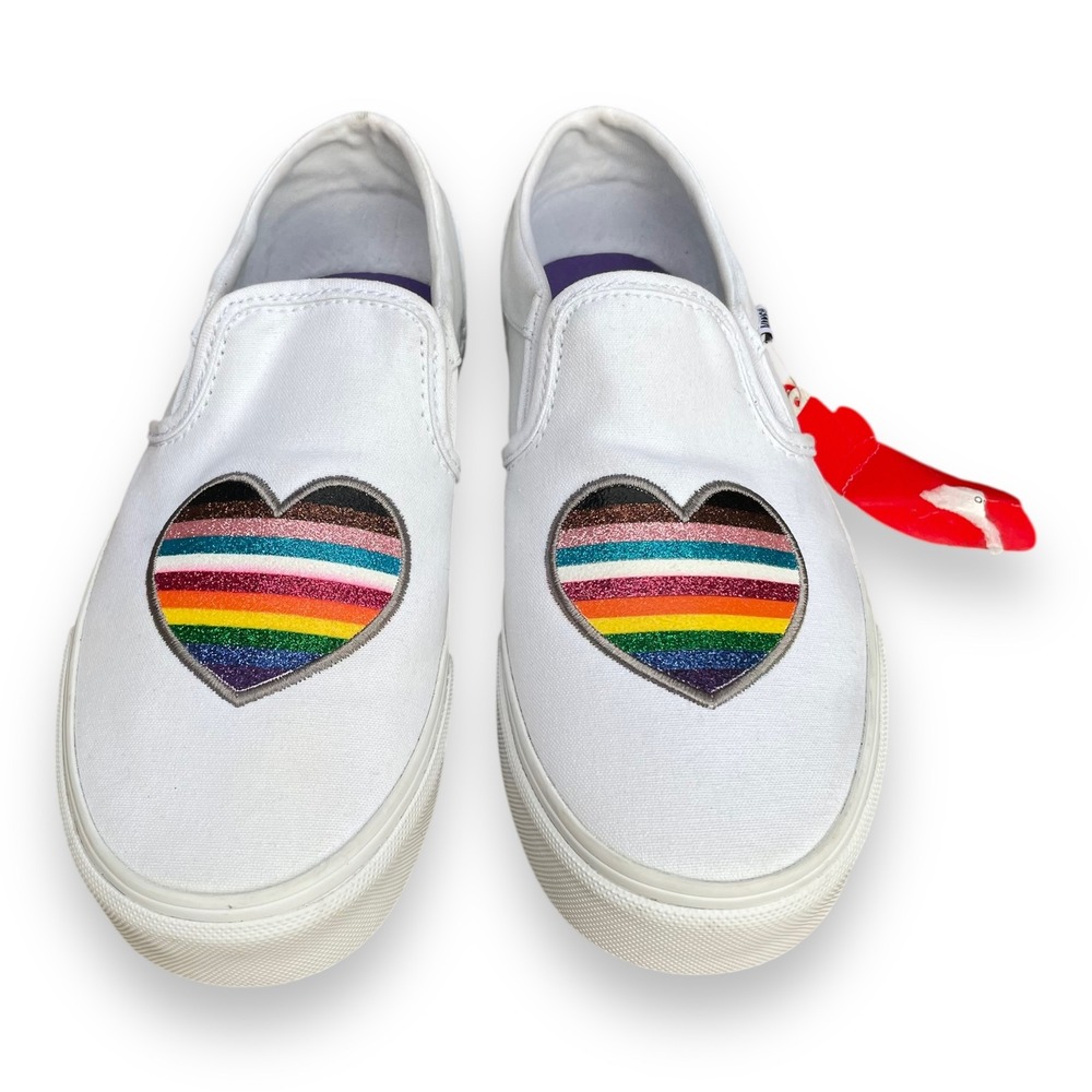 Vans Classic Slip-On Pride Rainbow Heart White Canvas Sneakers Shoes Women's 8 - Picture 2 of 5